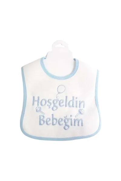 Hoşgeldin Bebeğim Yazılı Mavi Biyeli Su Geçirmez Erkek Bebek Önlük