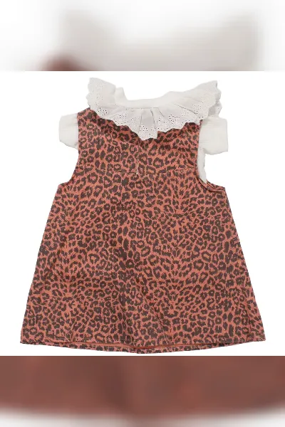 Kız Çocuk Beyaz Kiremit Leopar Desenli Tek Fiyonklu Kot Elbise