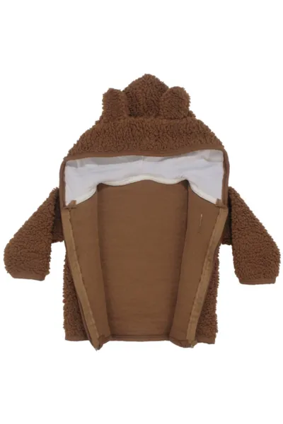 Unisex Kahve Peluş Kulaklı Kapşonlu Hırkalı 2'li Takım