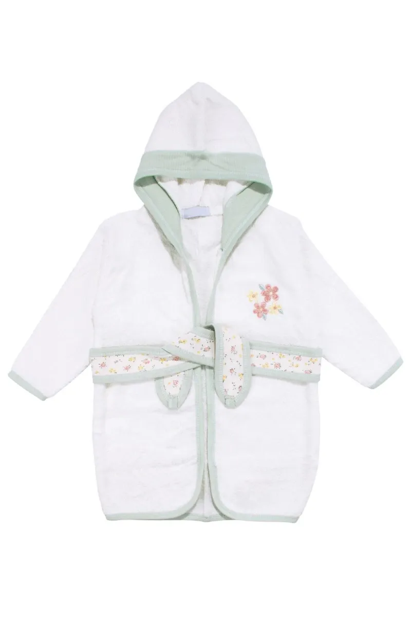 Kız Bebek Beyaz Yeşil Çiçek Nakışlı Havlu Bornoz Set