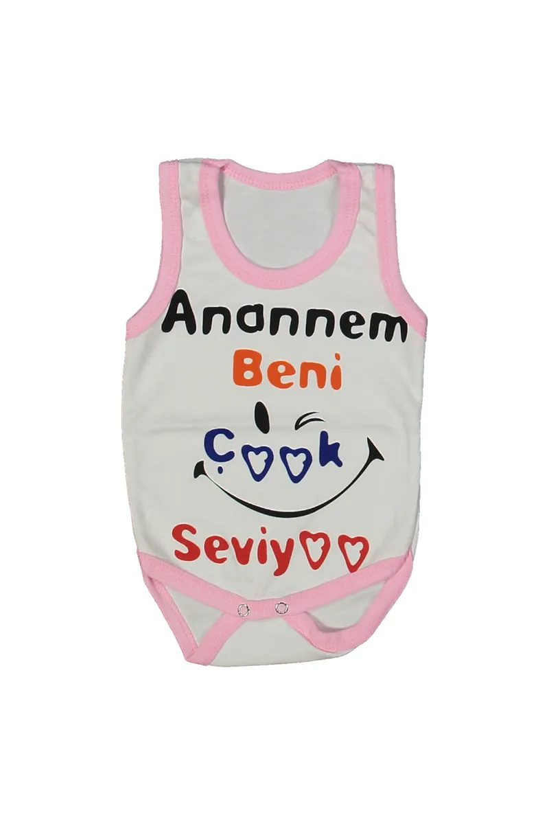 Kız Bebek Beyaz Pembe Biyeli Anaannem Beni Seviyor Yazılı Askılı Zıbın
