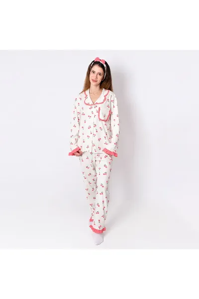 Kadın Anne Ekru Pembe Lale Desenli Fırfırlı Bandanalı Pijama Takımı