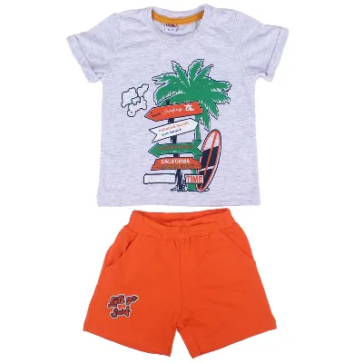 Erkek Çocuk Gri Turuncu Summer Time Yazılı Tabela Baskılı Şortlu 2'li Takım