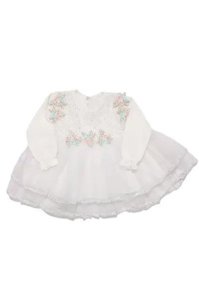 Kız Bebek Beyaz Tüllü Renkli Çiçekli Elbise