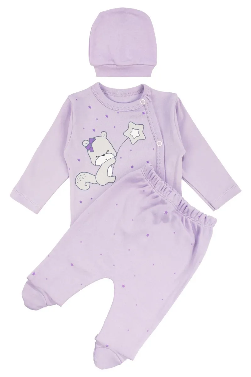 Kız Bebek Lila Yıldızlı Ayıcık Baskılı Patikli Pijama Takımı