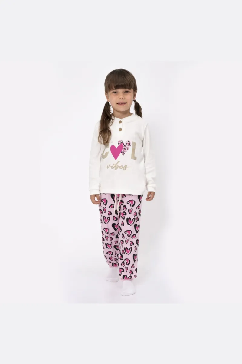 Kız Çocuk Ekru Fuşha Cool Kalp Baskılı 2'li Pijama Takımı