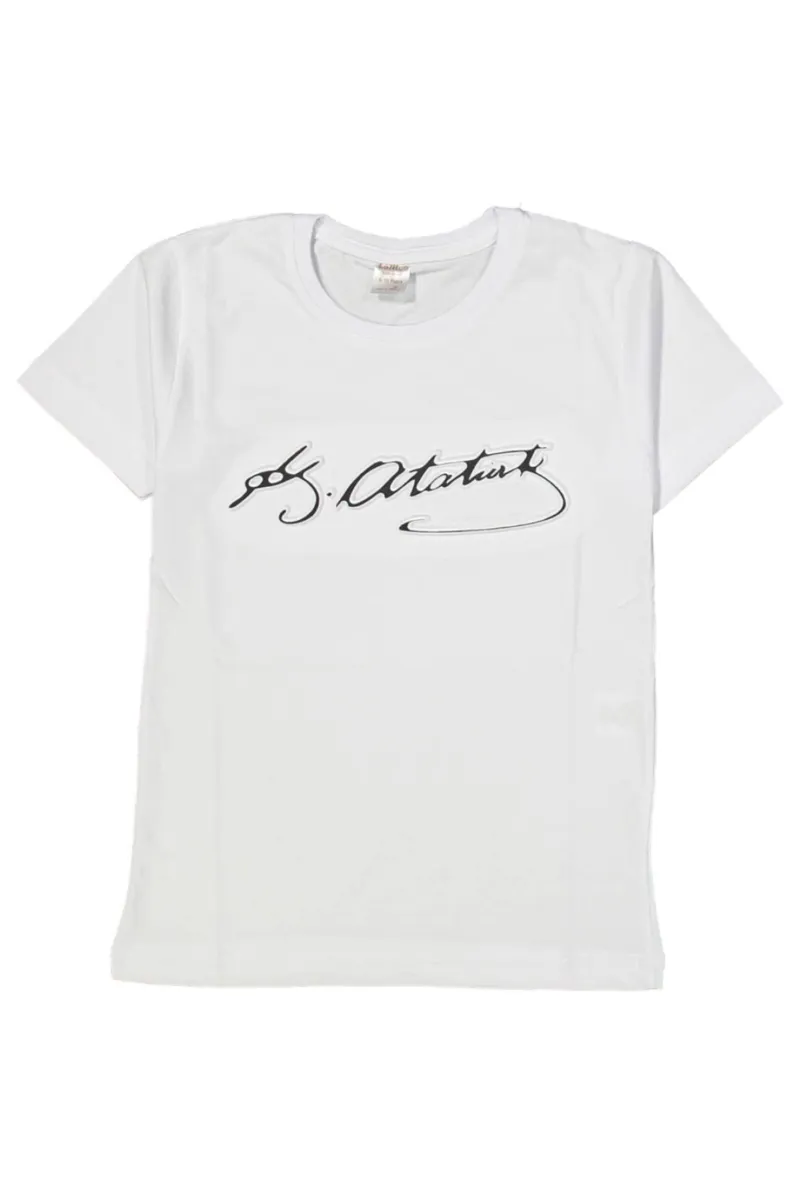 Unisex Beyaz Siyah K. Atatürk Kabartmalı İmzalı Kısa Kol Tişört