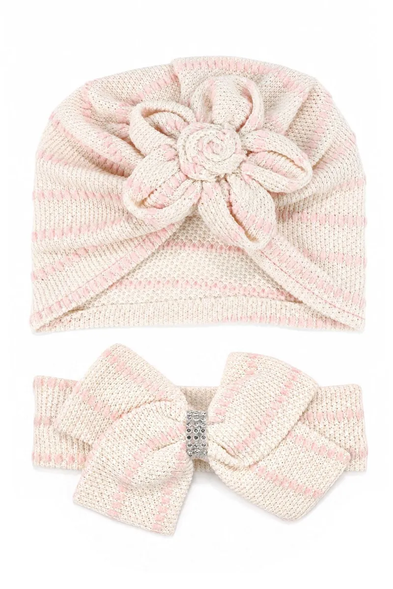 Kız Bebek Pembe Ekru Çizgili Papatyalı Bone Ve Fiyonklu Bandana İkili Set
