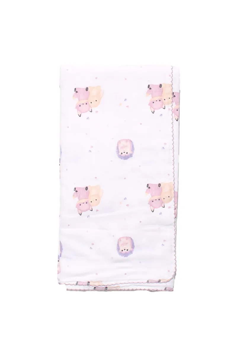 Unisex Ekru Pembe Mor Biyeli Kirpili Tilkili Desenli Pikeli Müslin Battaniye 80x90