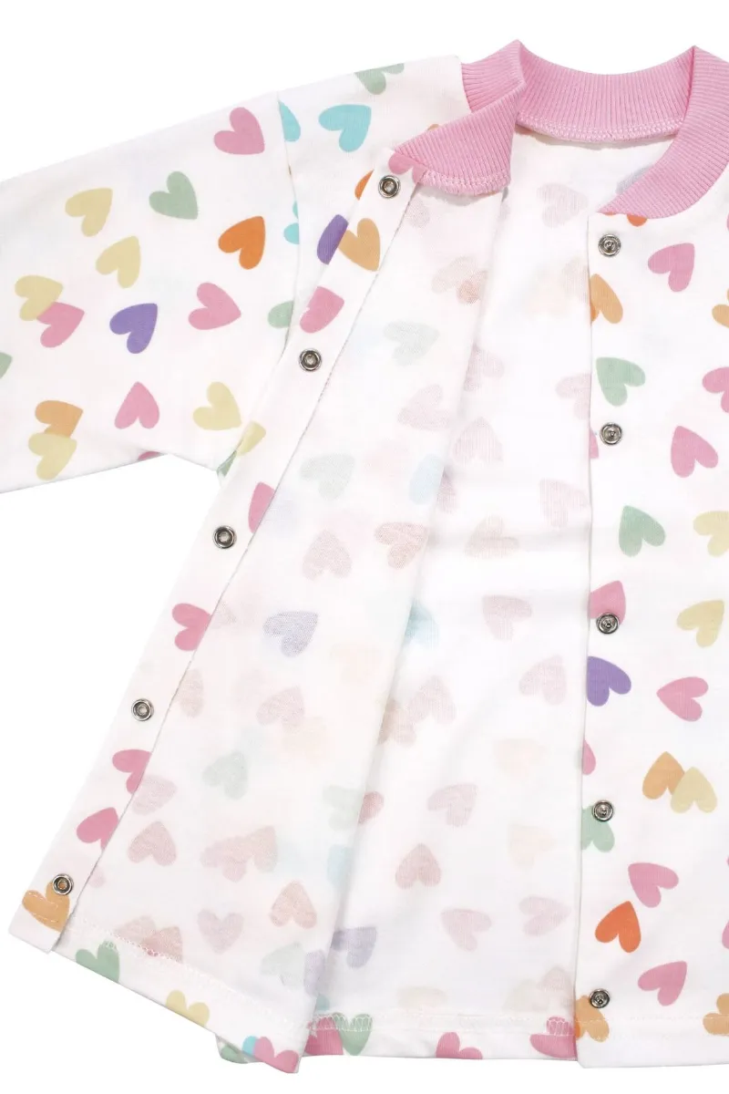 Kız Çocuk Ekru Pembe Renkli Kalpli Desenli Çıtçıtlı Pijama Takımı