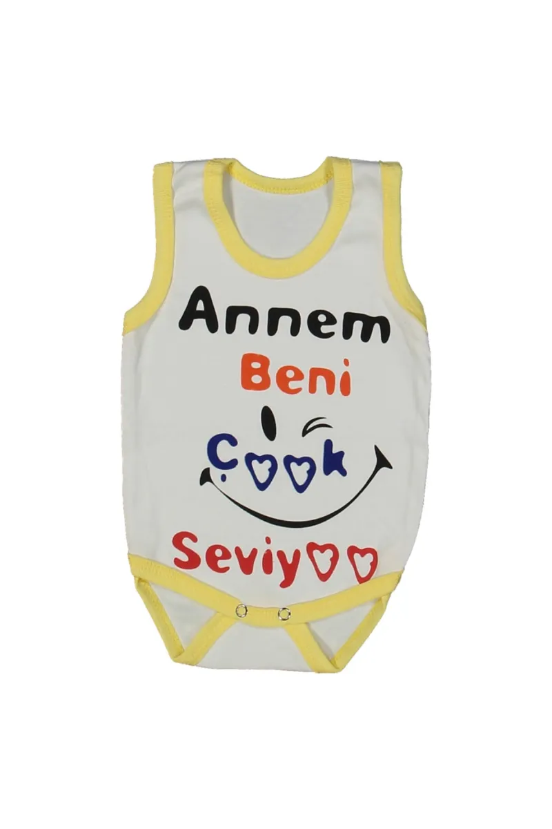 Unısex Beyaz Sarı Biyeli Annem Beni Seviyor Yazılı Askılı Zıbın