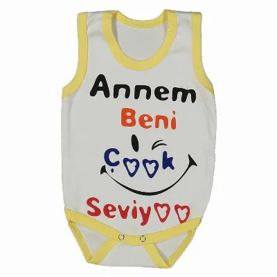 Unısex Beyaz Sarı Biyeli Annem Beni Seviyor Yazılı Askılı Zıbın