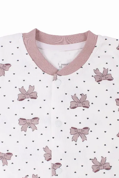 Kız Çocuk Ekru Gül Kurusu Fiyonk Baskılı Çıtçıtlı Pijama