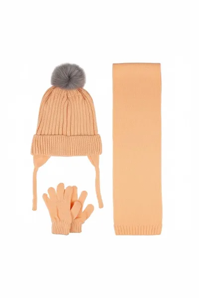 Kitti Bebe Kız Atkı Bere Eldiven Takım (1-4 Yaş) K24160-03 Şeftali