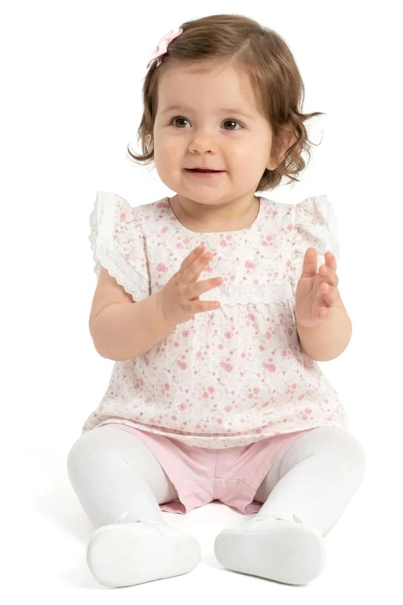Kız Bebek Pembe Beyaz Minik Çiçek Desenli Fistolu Müslin Şortlu 2'li Takım