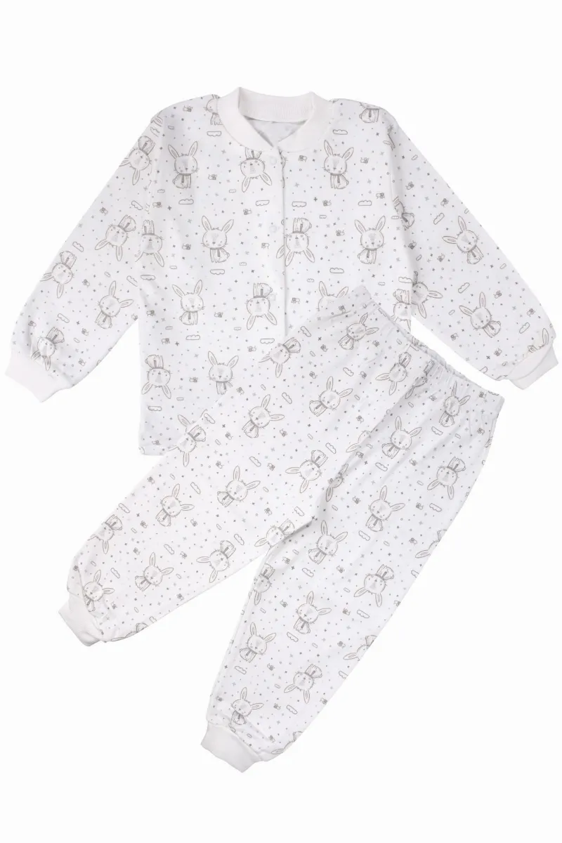 Kız Çocuk Ekru Tavşan Desenli Çıtçıtlı Pijama Takımı