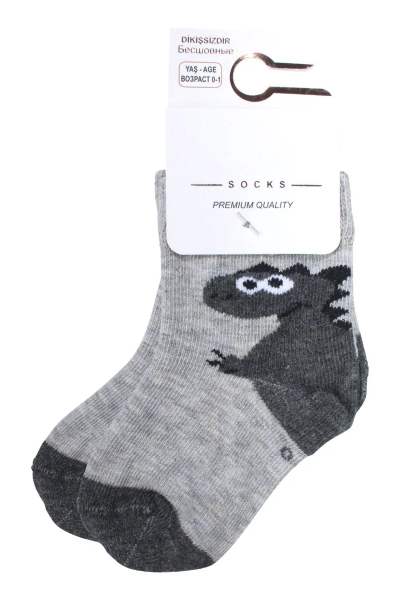 Erkek Bebek Gri Dino Desenli Çorap 0-12 Ay