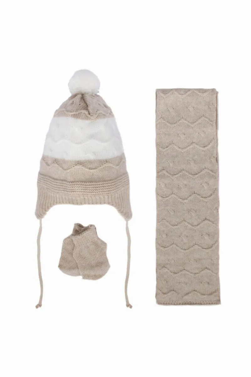 Unisex Kahve Beyaz Dalga Desenli Triko Atkı Bere Set