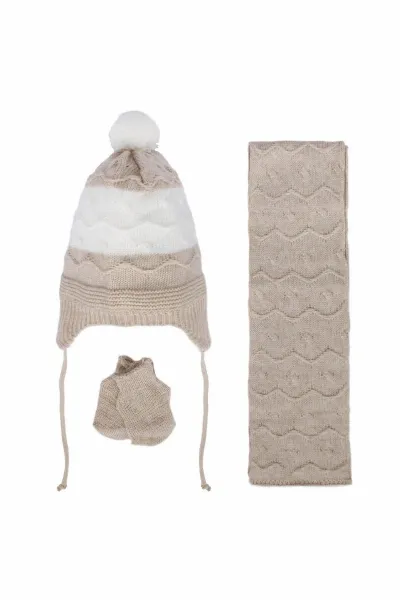 Unisex Kahve Beyaz Dalga Desenli Triko Atkı Bere Set
