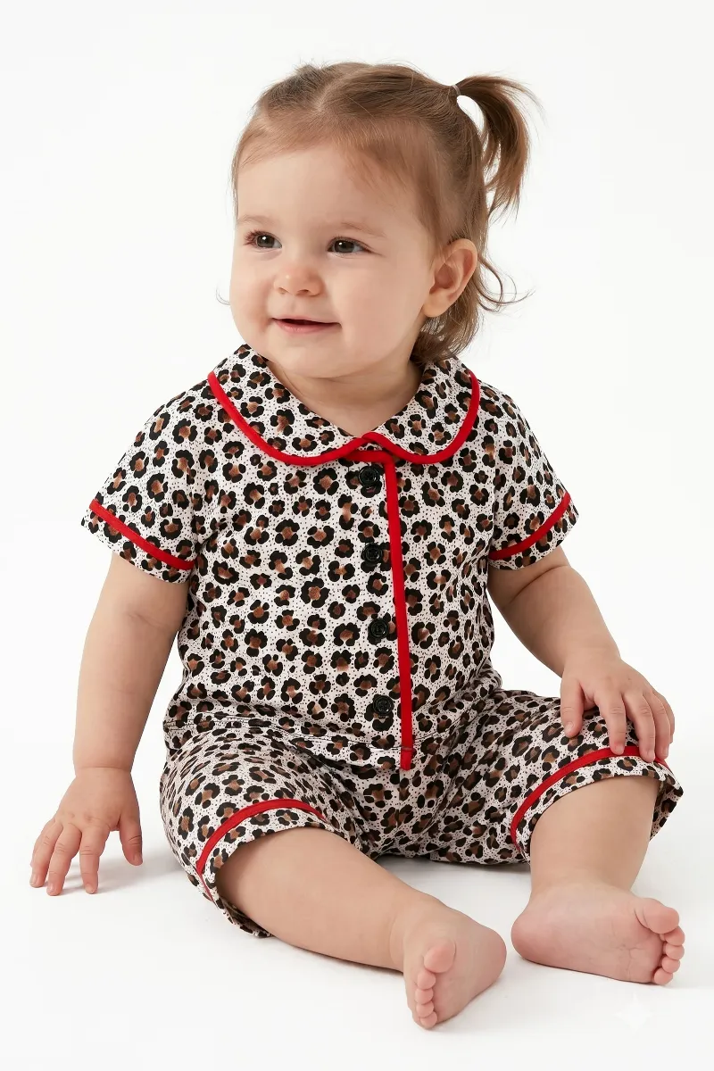 Kız Bebek Kahve Kırmızı Biyeli Leopar Desenli Şortlu Pijama Takım