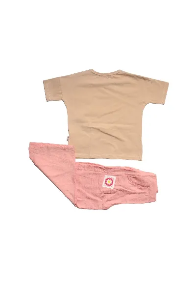 Kız Çocuk Bej Pembe Keten Pantalonlu Papatyalı 2 li Takım