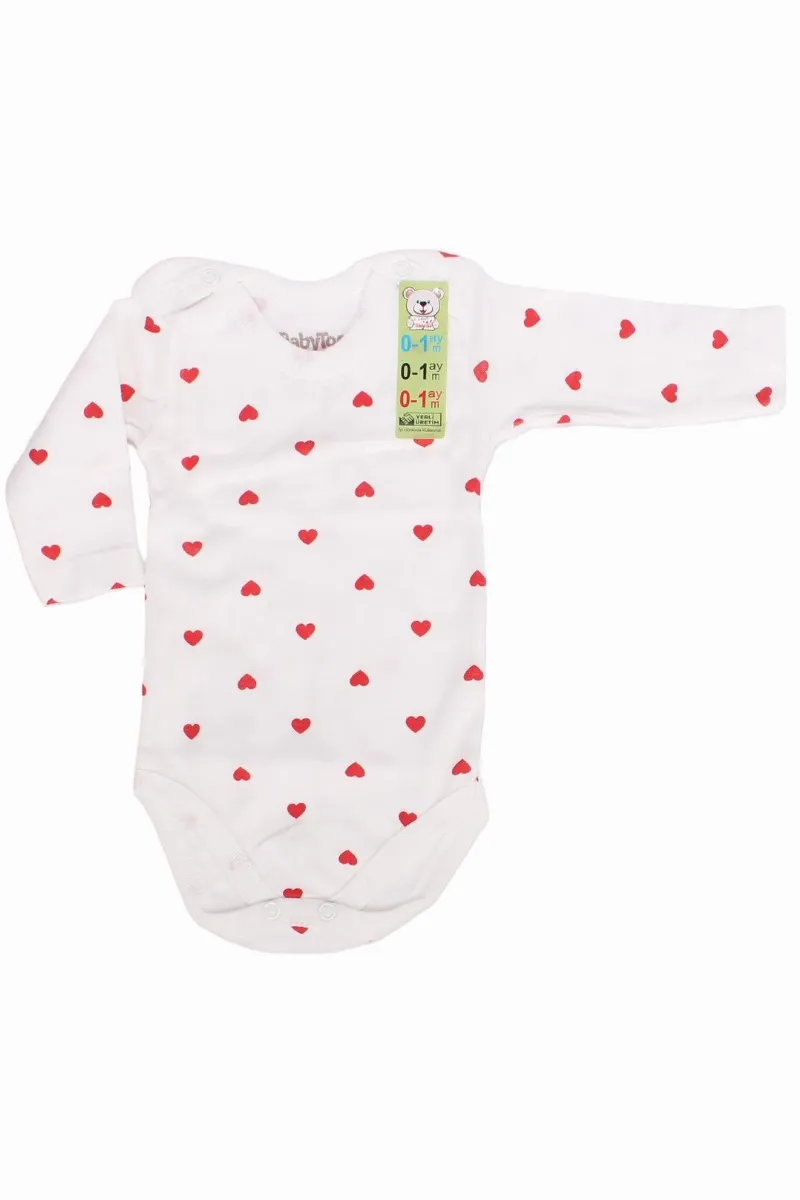 Kız Bebek Ekru Kırmızı Kalp Baskılı Uzun Kol Çıtçıtlı Body Zıbın
