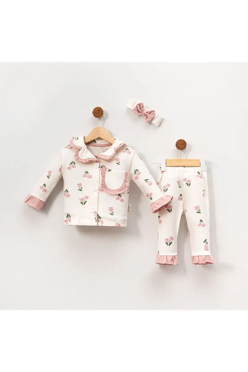 Kız Çocuk Ekru Pudra Lale Desenli Fırfırlı Bandanalı Pijama Takımı
