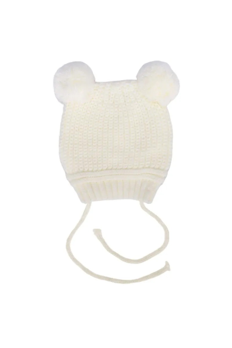 Unisex Ekru Ponponlu İpli Triko Bere 0-6 Ay