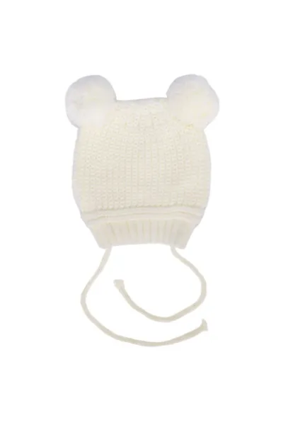 Unisex Ekru Ponponlu İpli Triko Bere 0-6 Ay