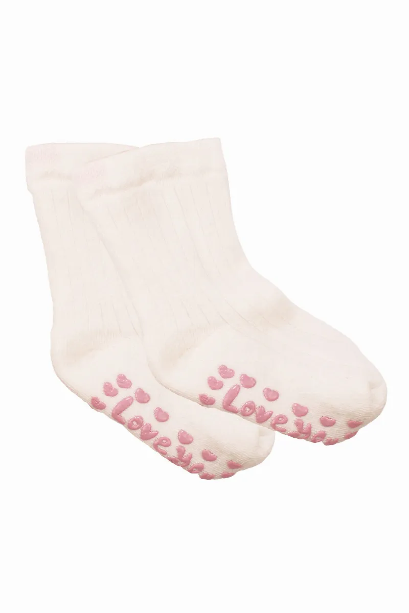 Unisex Ekru Love Kaydırmaz Taban Polar Çorap