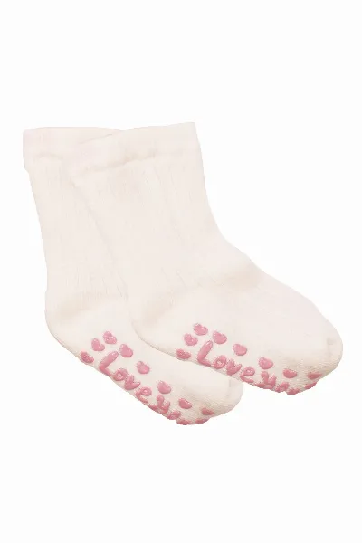 Unisex Ekru Love Kaydırmaz Taban Polar Çorap