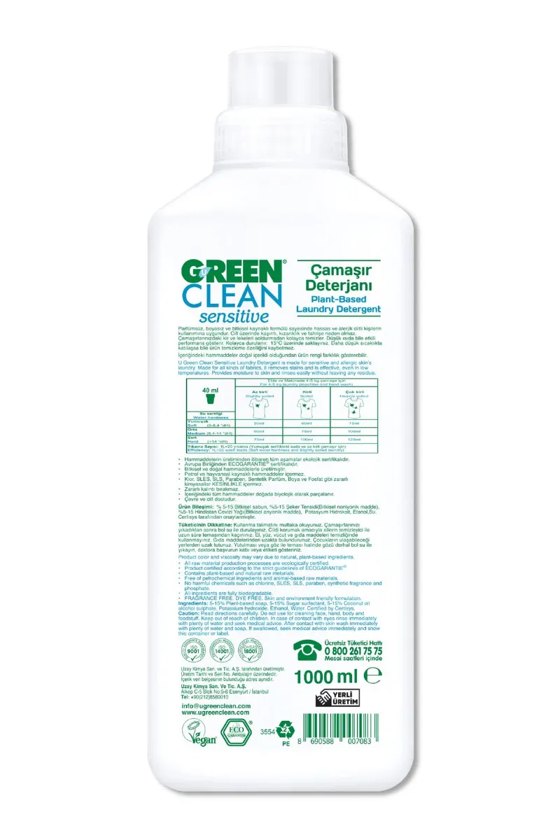 Green Clean Sensitive Parfümsüz Bitkisel Çamaşır Deterjanı 1000 ml