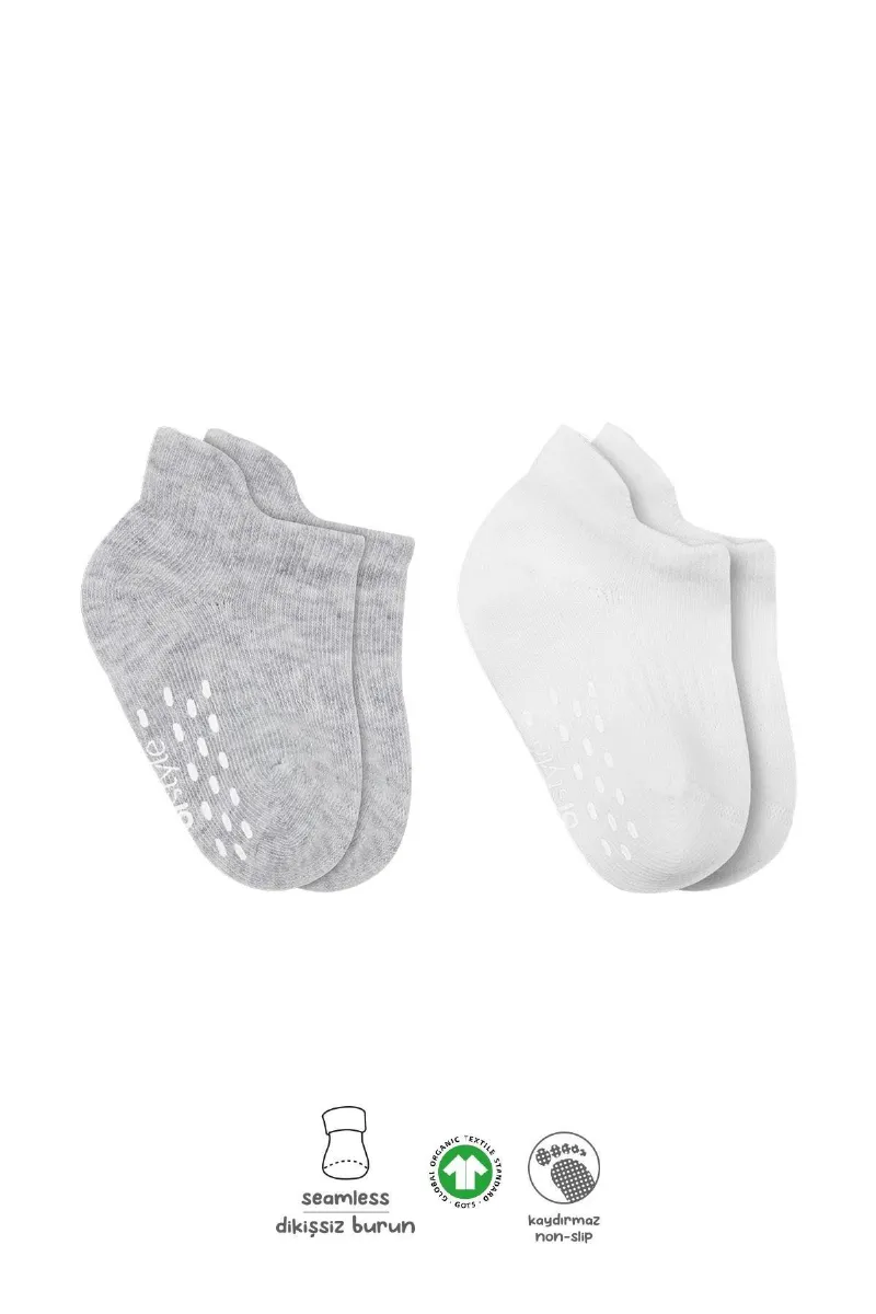 Bistyle 2'Li Sneakers Kaymaz Basic Penye Çorap 20103 Gri Beyaz