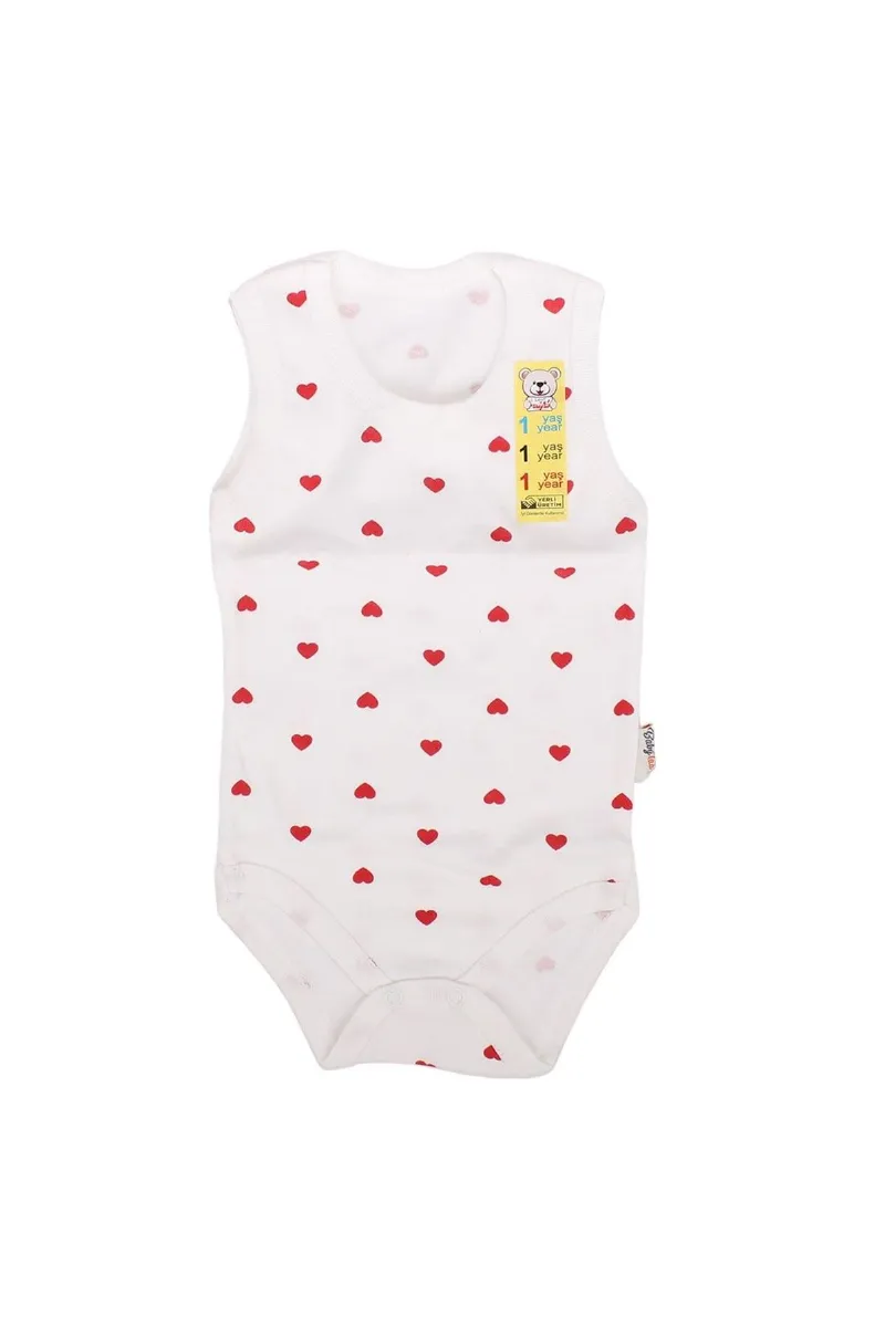 Kız Bebek Ekru Kırmızı Kalp Baskılı Askılı Çıtçıtlı Body Zıbın