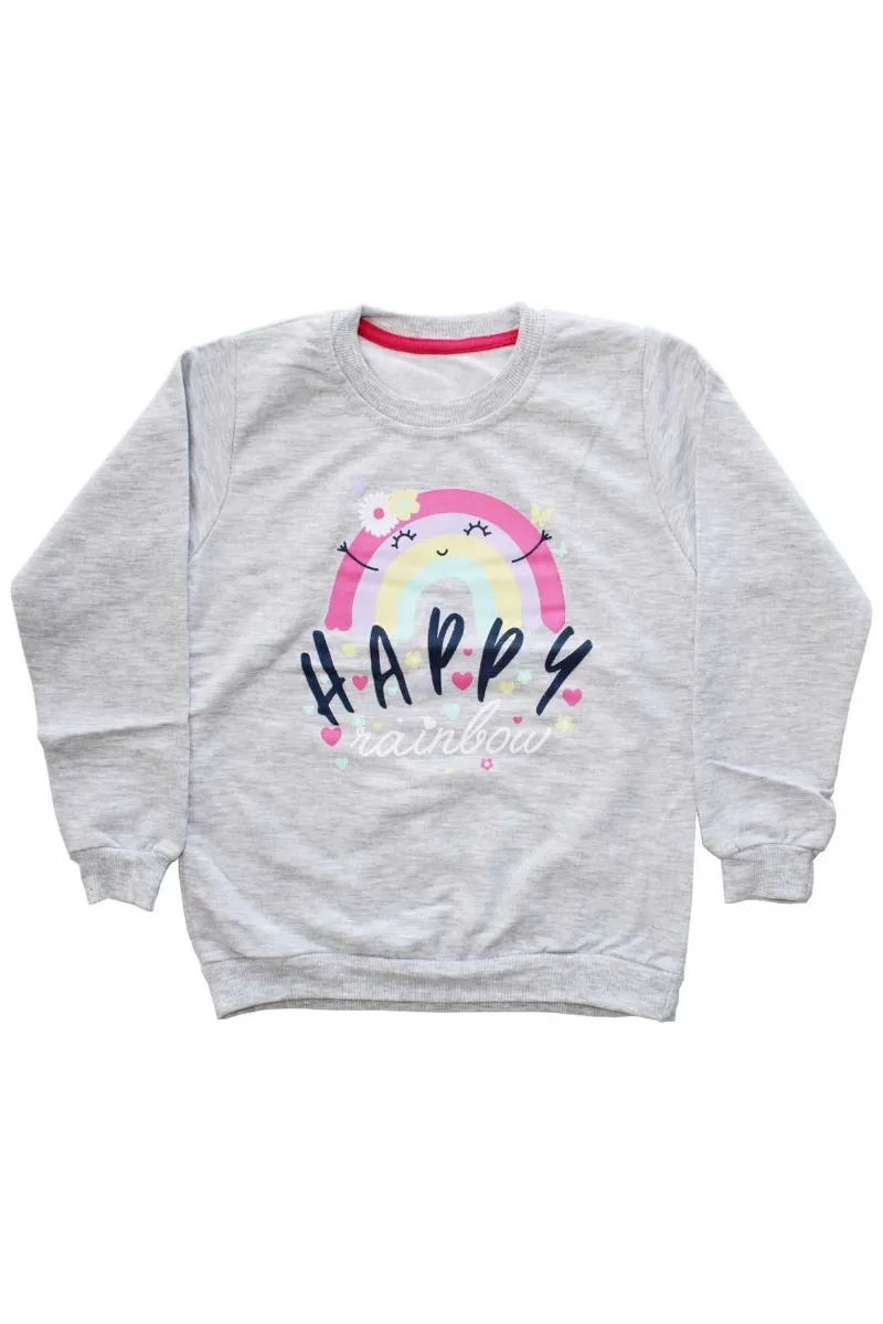 Kız Çocuk Gri Happy Gökkuşağı Baskılı Tek Üst Sweat