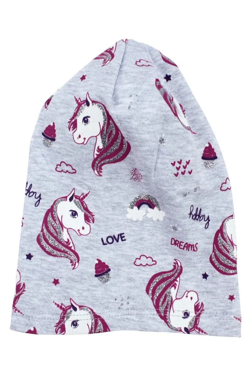 Kız Bebek Gri Simli Pembe Unicorn Desenli Bere 0-6 Ay