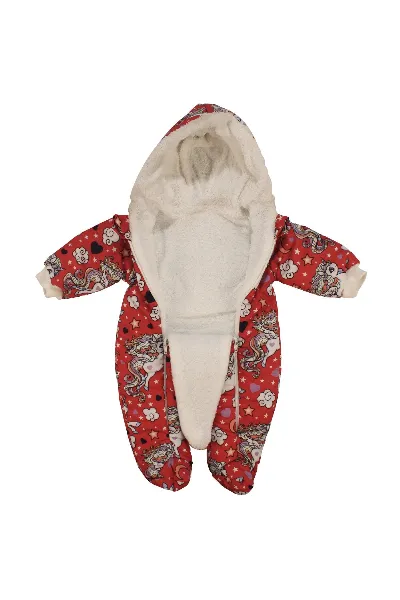 Kız Bebek Kırmızı Unicorn Desenli Çift Fermuarlı İçi Peluş Patikli Kozmonot