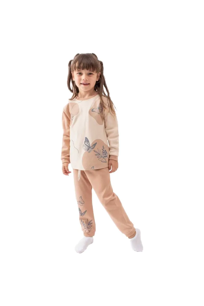Kız Çocuk Kahve Bej Kelebek Baskılı 2'li Pijama Takımı