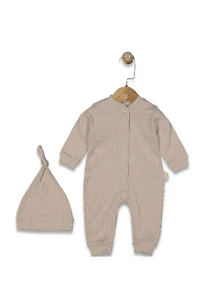 Unisex Bej Fitilli Düğümlü Bereli Çıtçıtlı Tulum