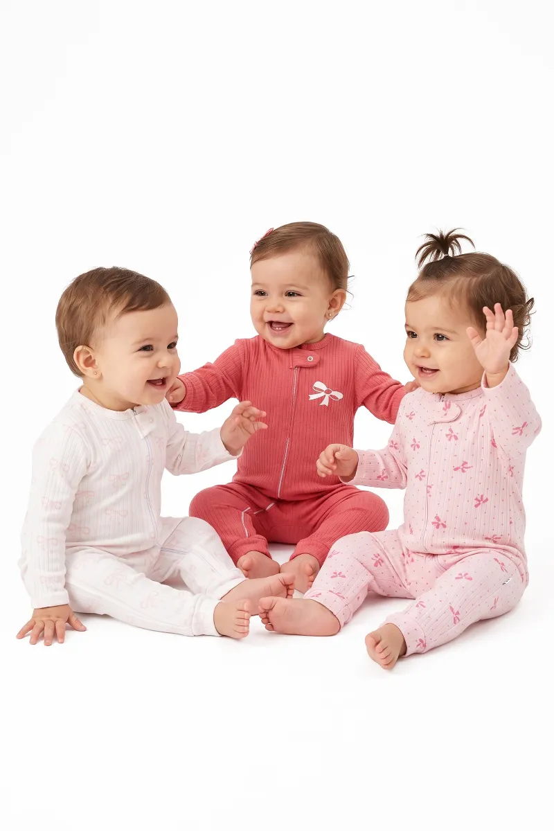 Kız Bebek Beyaz Fuşya Pembe Fiyonklu 3'lü Tulum Takım