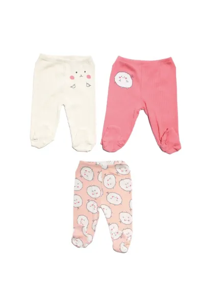 Kız Bebek Ekru Fuşya Sevimli Karakter Baskılı 3'lü Tek Alt Set