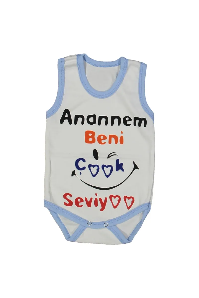 Beyaz Mavi Biyeli Anaannem Beni Seviyor Yazılı Askılı Zıbın