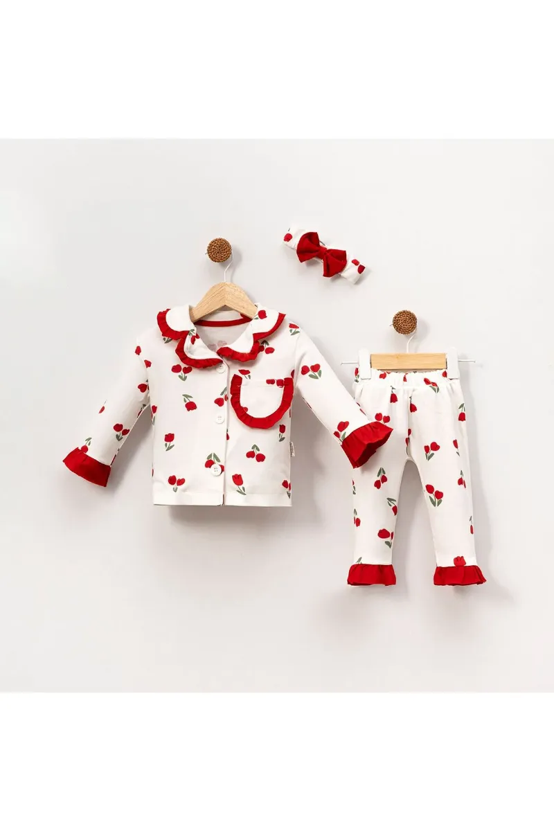 Kız Çocuk Ekru Kırmızı Lale Desenli Fırfırlı Bandanalı Pijama Takımı