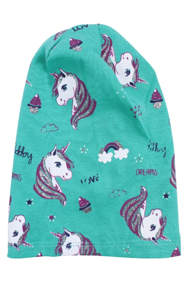 Kız Bebek Yeşil Gri Simli Pembe Unicorn Desenli Bere 0-6 Ay
