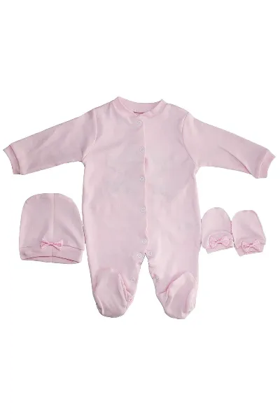 Kız Bebek İsme Özel Pembe Nakışlı Bereli Eldivenli Pembe Tulum