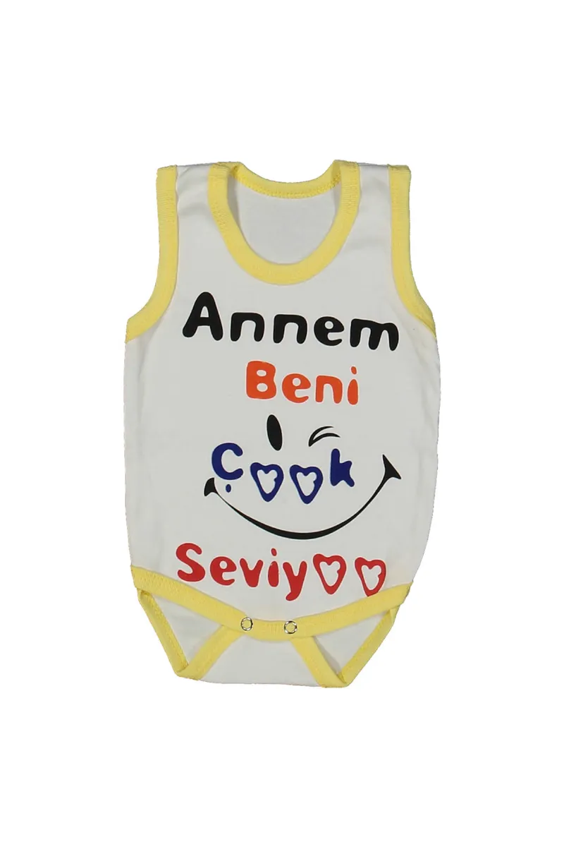 Unısex Beyaz Sarı Biyeli Annem Beni Seviyor Yazılı Askılı Zıbın