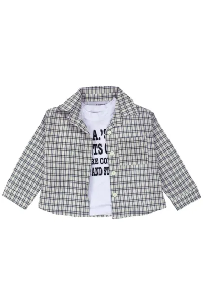 Unisex Ekru Siyah Ekoseli Gömlekli Şortlu 3'lü Takım