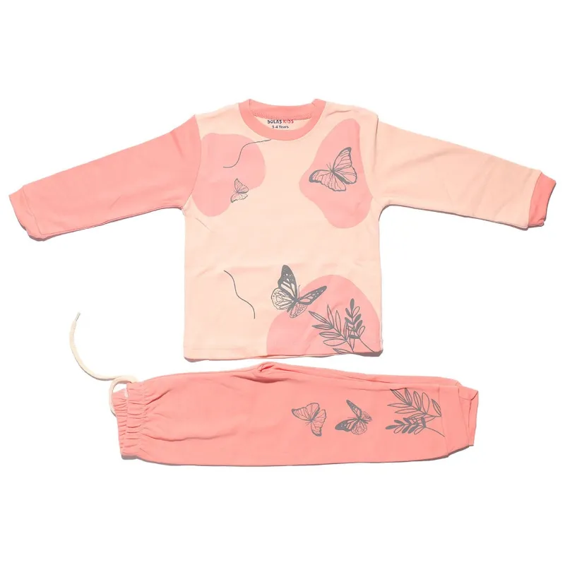 Kız Çocuk Somon Pembe Kelebek Baskılı 2'li Pijama Takımı