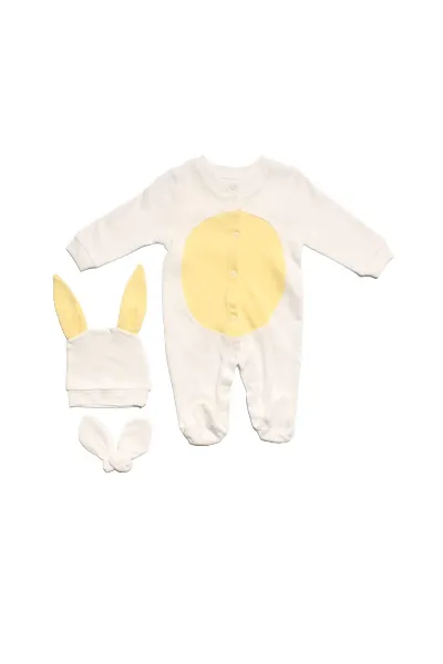 Unisex Ekru Sarı Göbekli Bereli Eldivenli Pomponlu Tavşan Tulum