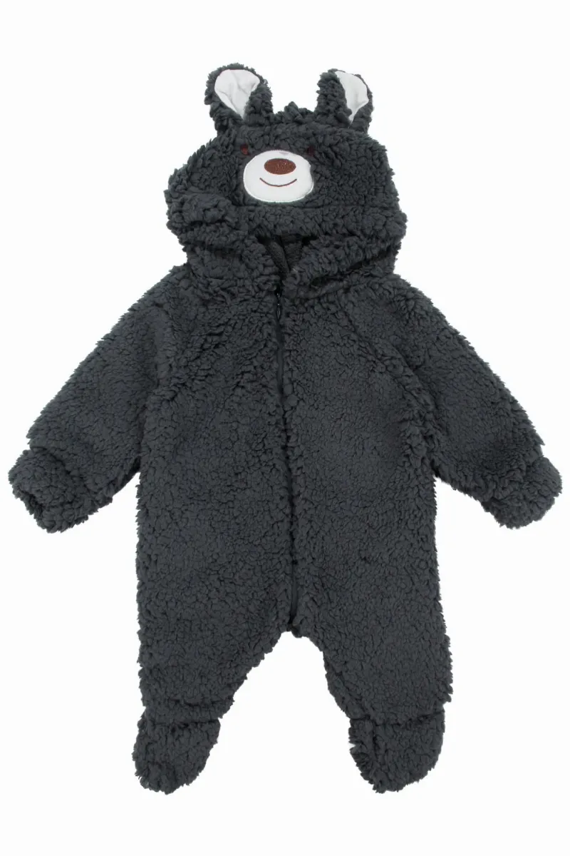 Unisex Füme Ayı Nakışlı Kapşonlu Peluş Tulum
